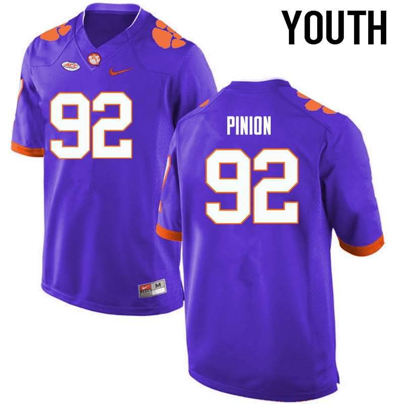 Youth Clemson Tigers Bradley Pinion #92 Colloge Purple NCAA Game Football Jersey Summer GIA23N4D